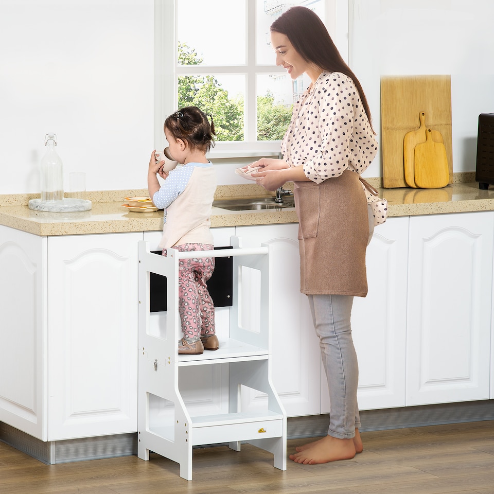 image 1 of HOMCOM 2 in 1 Kids Kitchen Step Stool Helper with Safety Rail | White