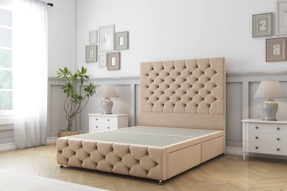 image 1 of Sloomy Watson Pebble Plush Divan Bed Base 2 Drawers Right Side With 54 Inch Floor Standing Headboard & 12 Inch Matching Footboard | Brown | Pebble | Single | 1