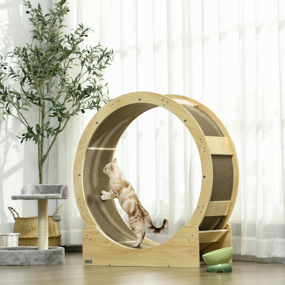 image 1 of PawHut Cat Treadmill with Brake, Scratching Pads for Indoor Cats, Oak Tone