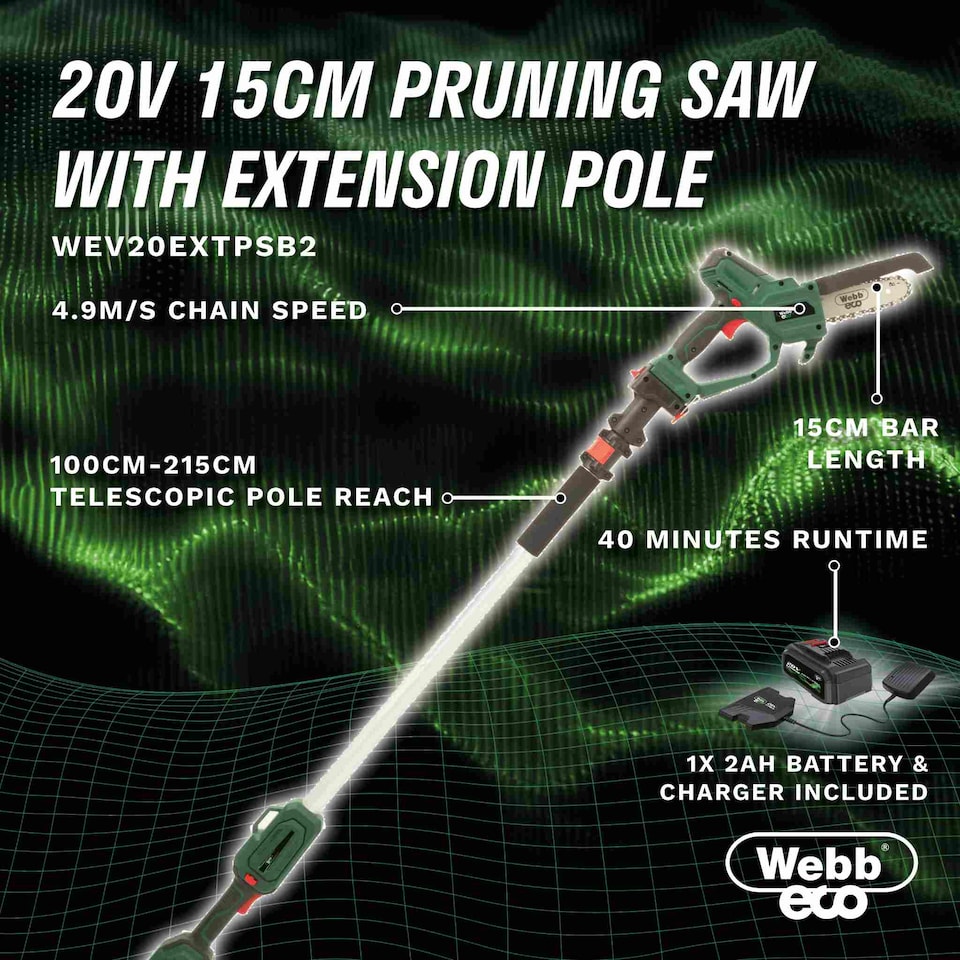 image 1 of Webb Eco 20V 15cm Cordless Pruning Saw with Telescopic Extension Pole | Multi | 1 x Cordless Pruning Saw and Extension Pole