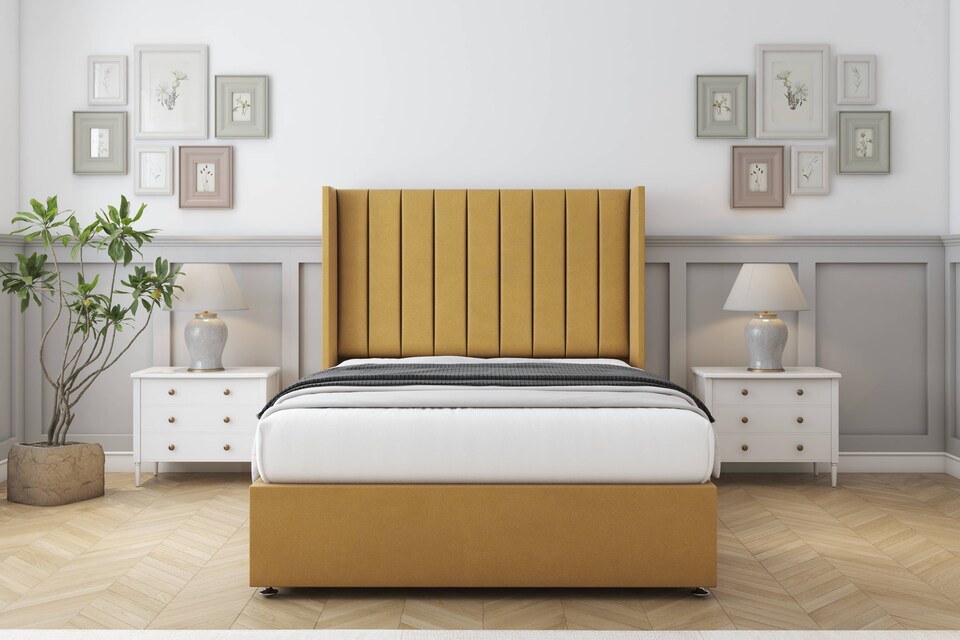 image 1 of Sloomy Falcon Mustard Plush Divan Bed Base 2 Drawers Foot-End With 54 Inch Wingback Headboard | Gold | Mustard | Super King | 1