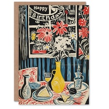 Folk Cake Drinks Flower Vase Woman Her Birthday Card