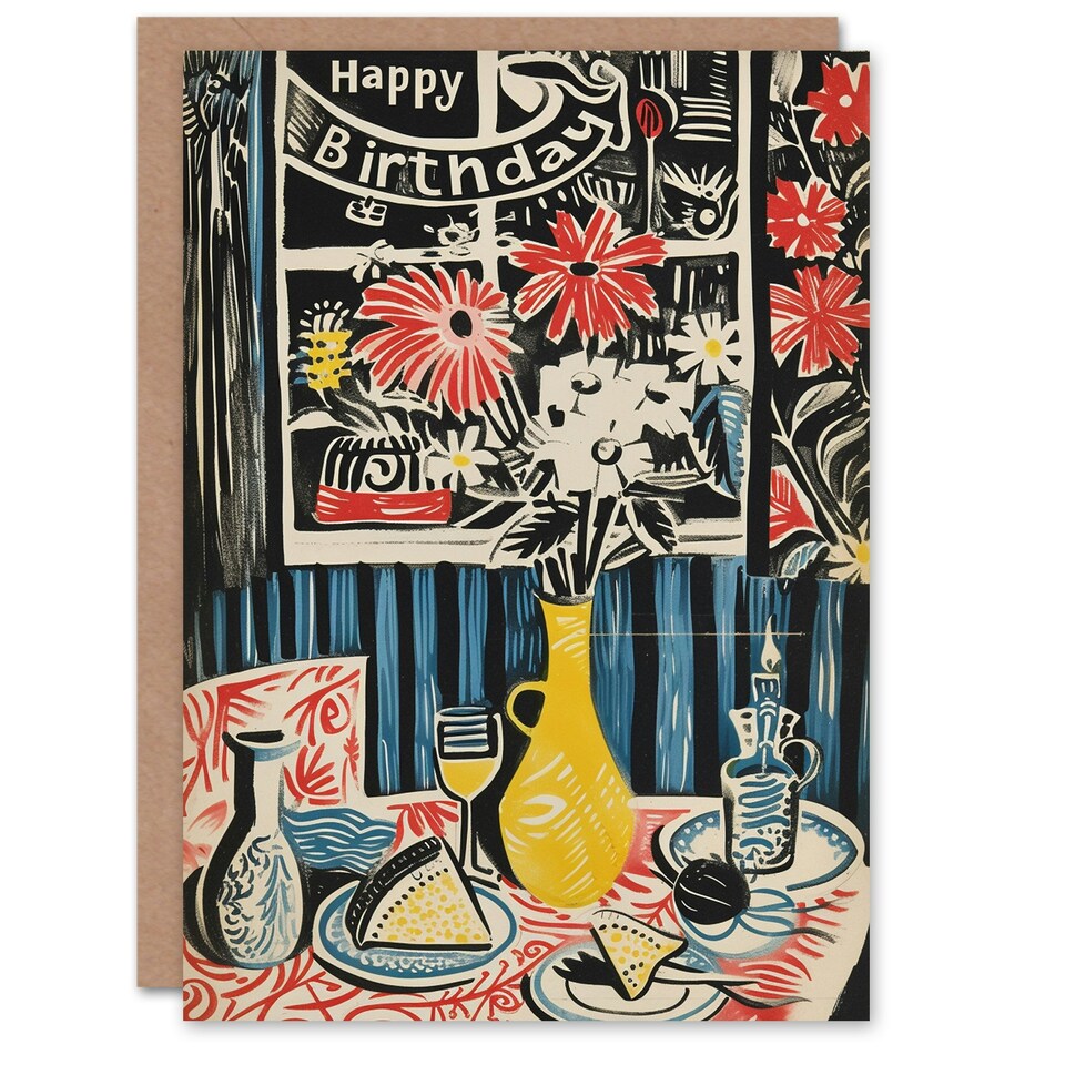 image 1 of Folk Cake Drinks Flower Vase Woman Her Birthday Card