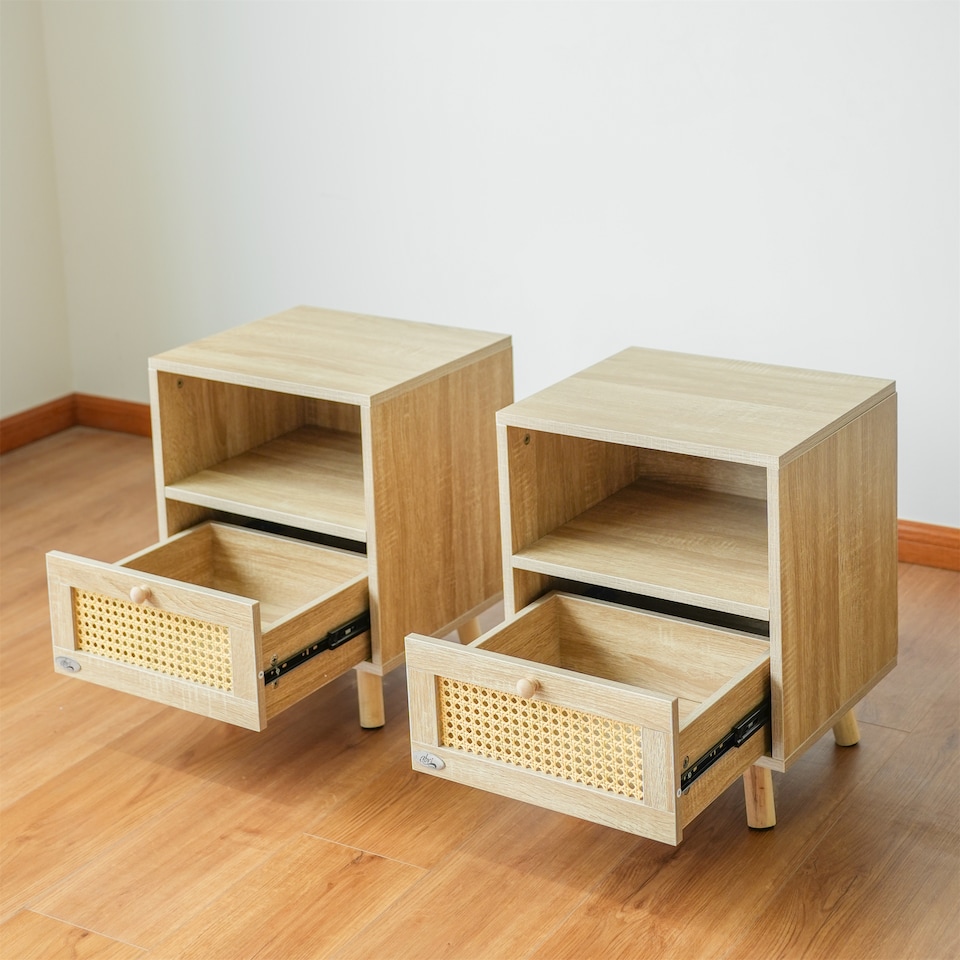 image 1 of Abrihome Set of 2 Rattan Nightstand Cabinet, with Saving Storage Space and Shelves