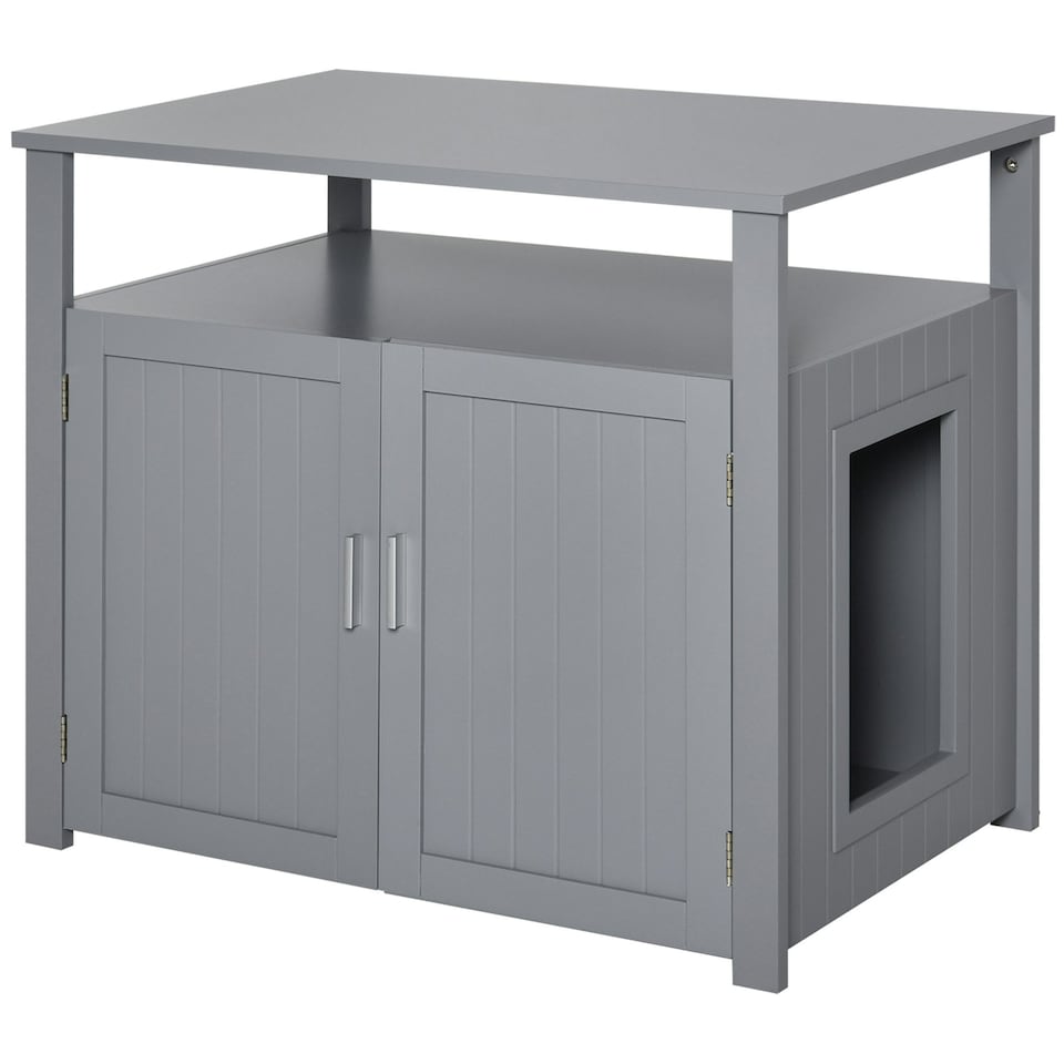 image 1 of PawHut Wood Cat Litter Box Enclosure Furniture w/ Adjustable Interior Wall Grey