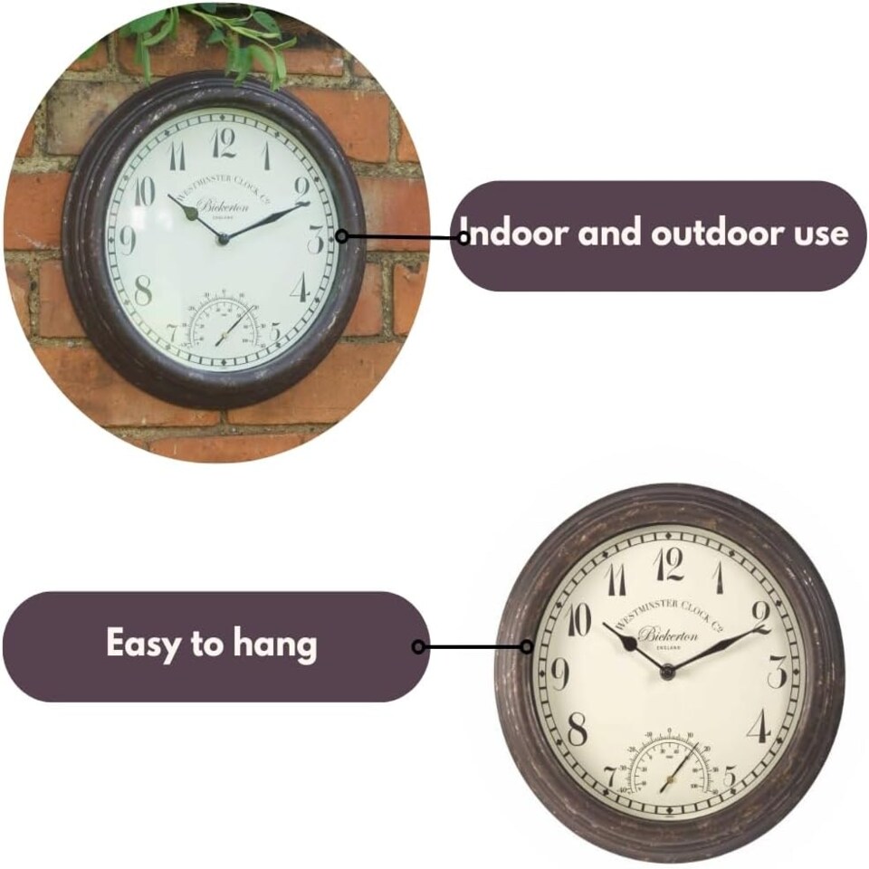 image 1 of Marco Paul 30cm Distressed Wall Clock and Thermometer Brown