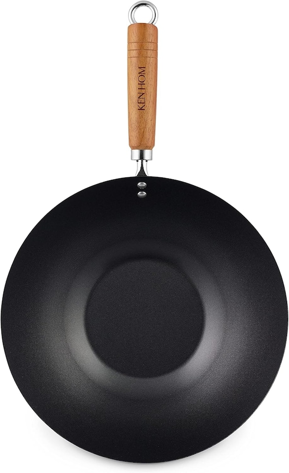 image 1 of Ken Hom Carbon Steel Wok, 31cm, Classic, Non-Induction/Wooden Handle/Flat Base Pan, Includes 1 x Chinese Wok Pan | Black