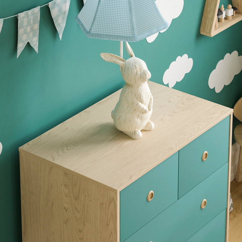 image 1 of Junior Vida Neptune 3 Piece Bedroom Set, Blue & Oak (Desk, Drawer Chest, Wardrobe) | Blue | Blue & Oak | 3