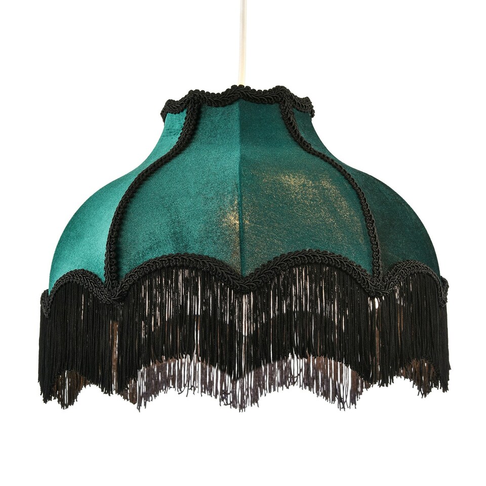 image 1 of Classic Victorian Lamp Shade in Emerald Green Velvet with Black Trims Green
