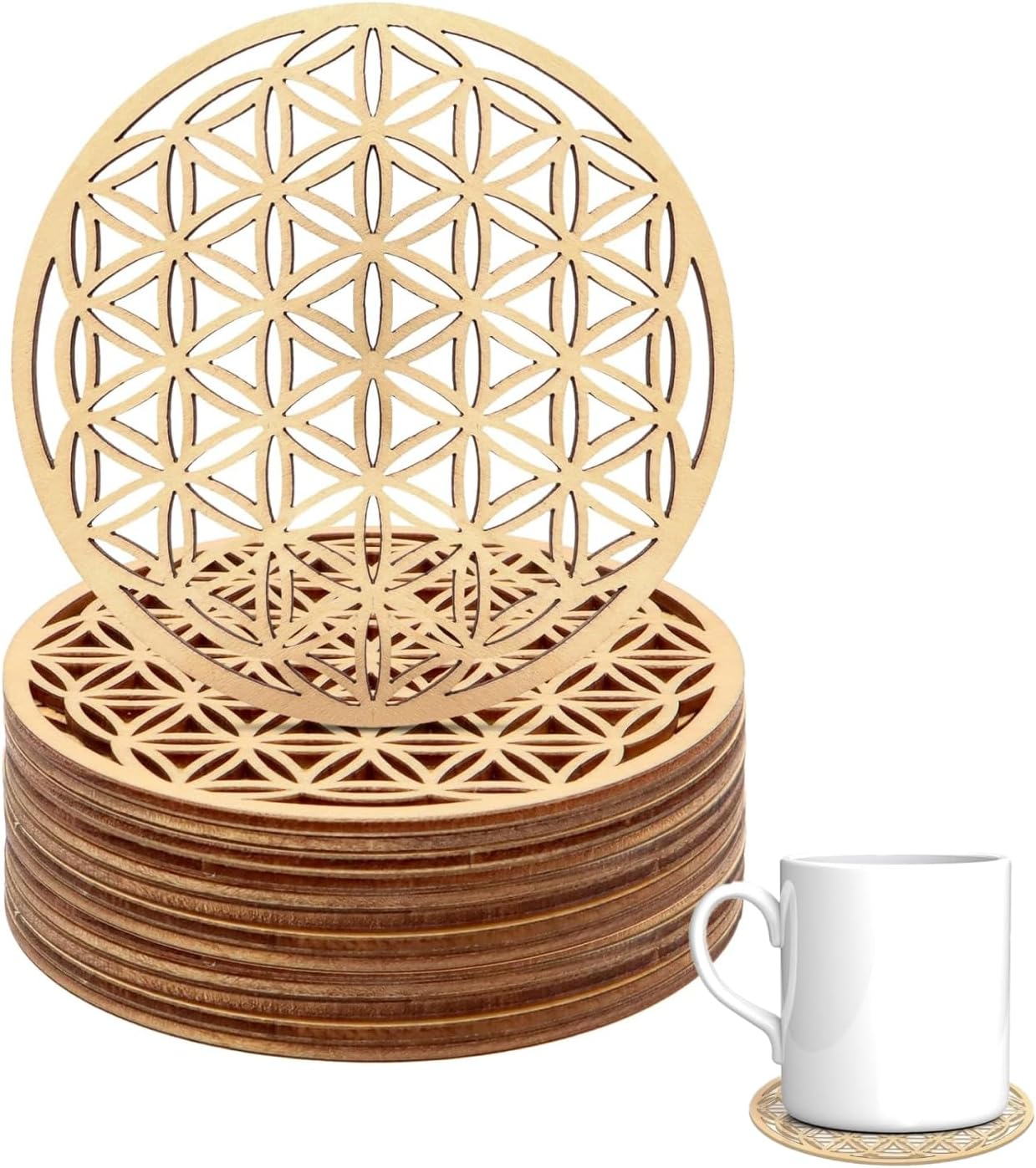 Set of 6 wooden Flower of Life for meditation 10 X 10 cm, birch wood coaster, Flower of Life decoration, wooden tree of life