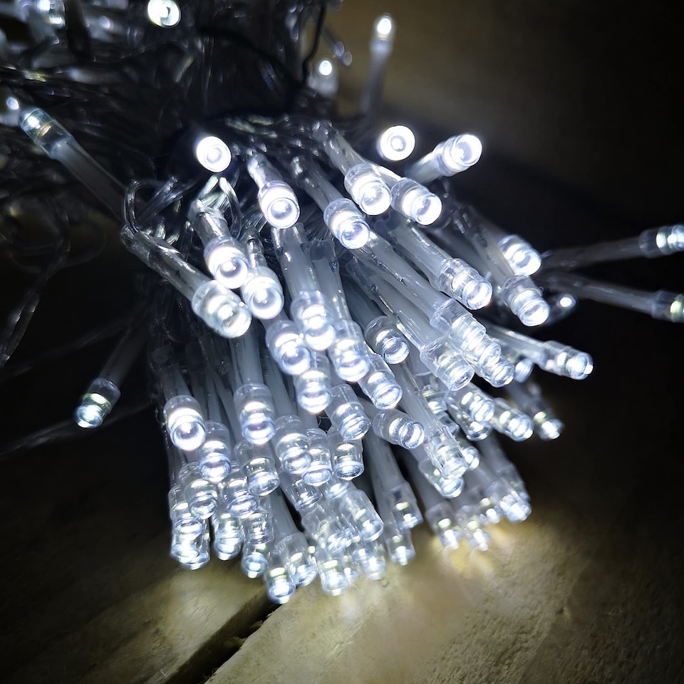image 1 of 200 LED 20m Premier Christmas Outdoor Multi Function Battery Lights with Timer & Clear Cable in Cool White
