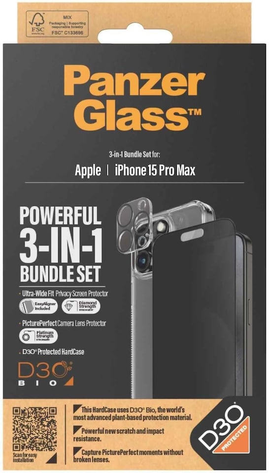 image 1 of Panzer Glass Privacy Powerful 3 in 1 Bundle Pack for iPhone 15 Pro Max 6.7 - B1175+P2812
