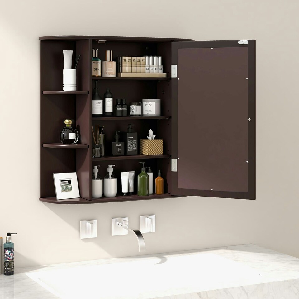 image 1 of COSTWAY Mirrored Bathroom Cabinet Wall Mount Storage Brown Brown