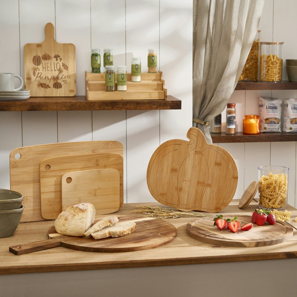 image 1 of OHS Hello Autumn Fall Halloween Pumpkin Decor Bamboo Thick Wooden Cutting Board Serving Platter Tray Brown | Natural