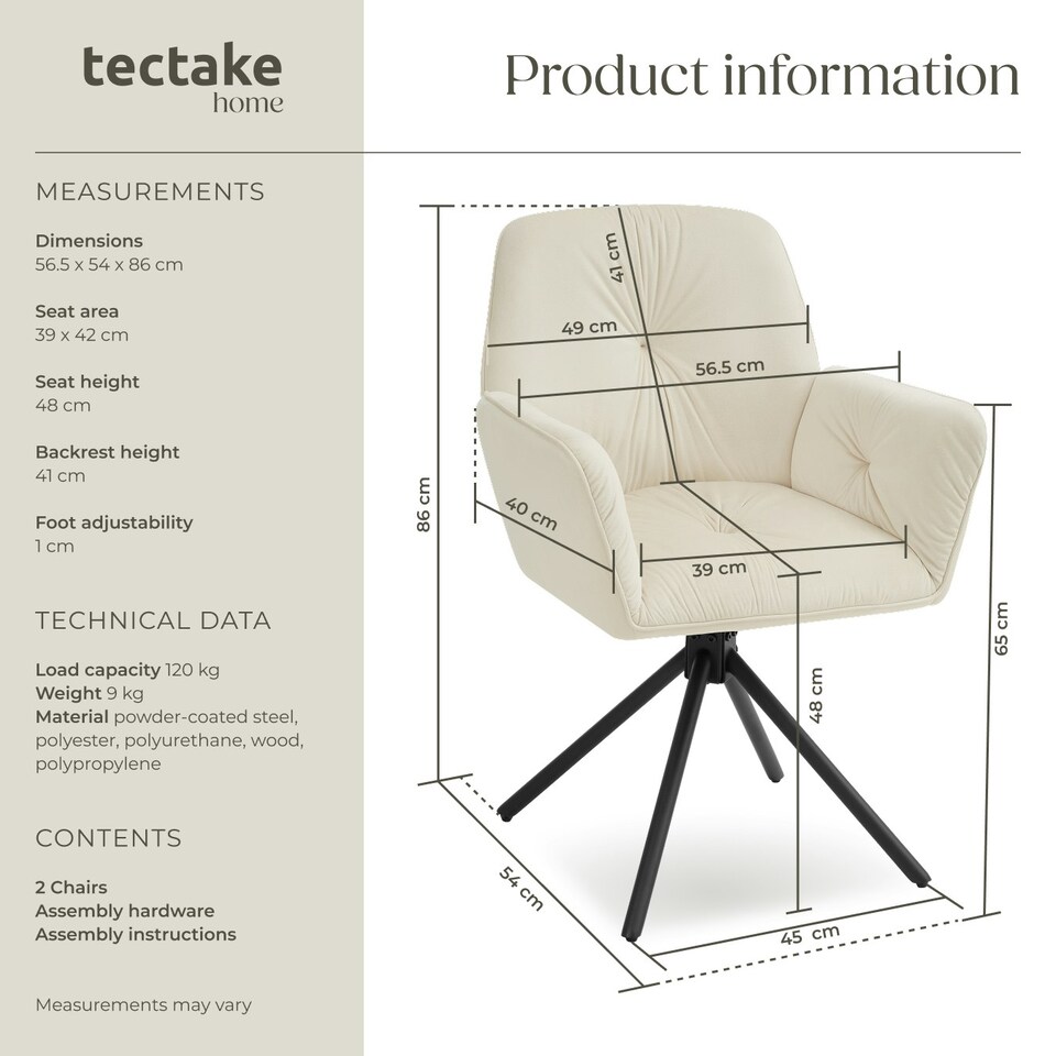 image 1 of Swivel Chair Lenia - upholstered, padded, 56.5 x 54 x 86 cm - Set of 2 Cream | Velvet Cream/Black