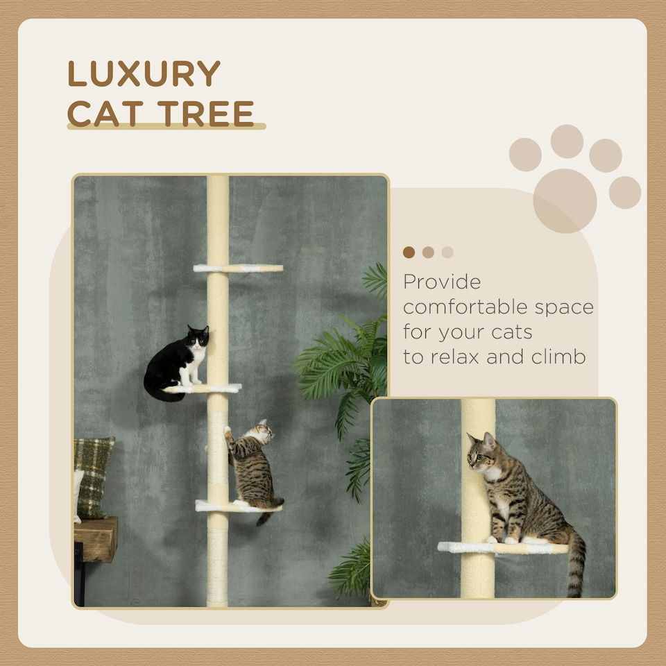 image 1 of PawHut 220-260cm Kitten Tower, Multi-Layer Floor to Ceiling Cat Tree, Yellow