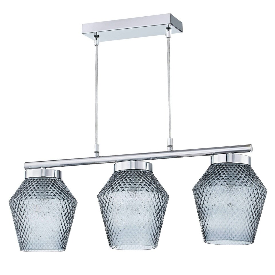 image 1 of First Choice Lighting Set of 2 Fraser Smoked Textured Glass 3 Light Pendant Bars Chrome | Clear