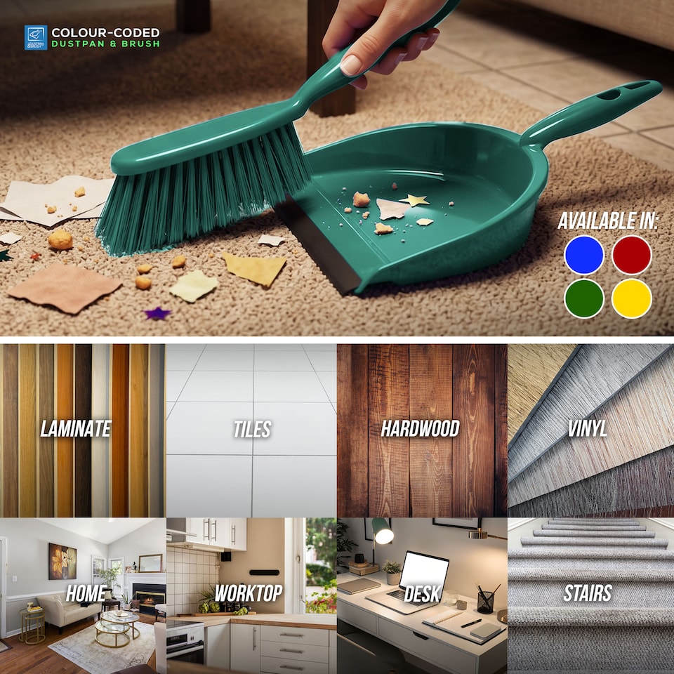 image 1 of Colour Coded Dustpan and Brush Sets Wide Plastic Dustpan with Rubber Lip and Soft Bristle Brush