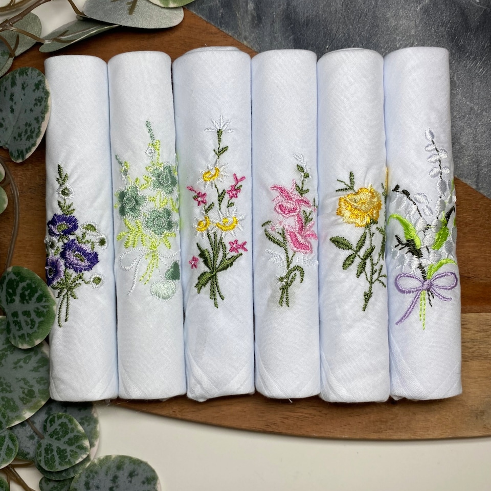 image 1 of Warwick & Vance Pack Of 6 Ladies White Handkerchiefs, Floral Embroidered Collection With Satin Stripe Borders