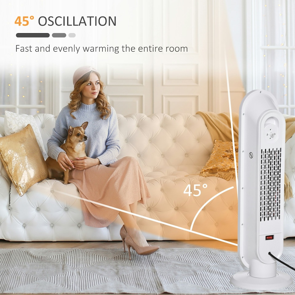 image 1 of HOMCOM Ceramic Space Heater Tower Heater W/ 45° Oscillation, White