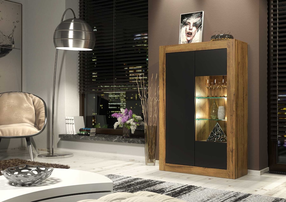 image 1 of Display Cabinet Sideboard Storage Unit Oak Matt Body Black Matt Doors Glass Shelves Modern Cupboard 140cm