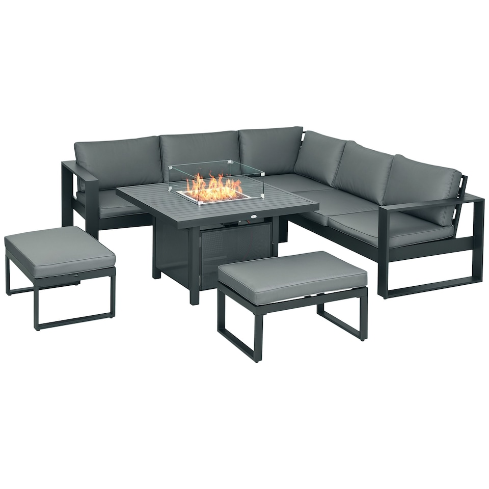 image 1 of Outsunny 6-Piece Garden Furniture Set with Firepit Table Outdoor Sofa Aluminium
