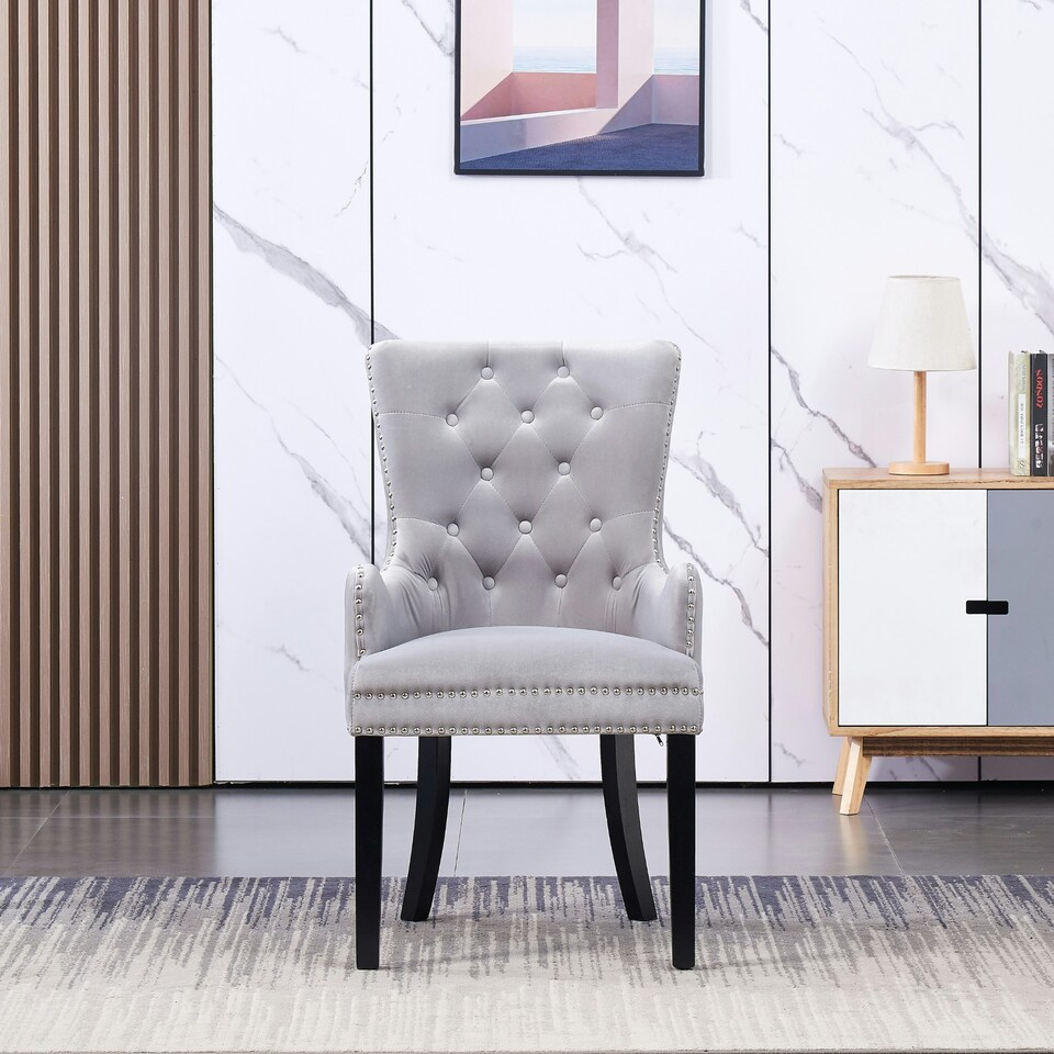 image 1 of Set of 4 Velvet Dining Chairs with Armrest, Ergonomic Scoop Knockerback & Button Tufted Wood Legs Grey | Light Grey