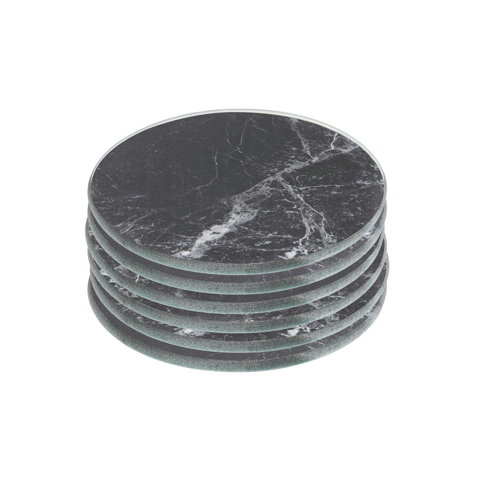 image 1 of Harbour Housewares Black Marble Glass Coasters - Round - 10cm - 6pc Drink Protection Set