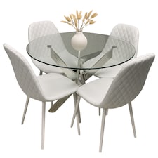 Round Glass Dining Table with 4 White Faux Leather Kitchen Chairs
