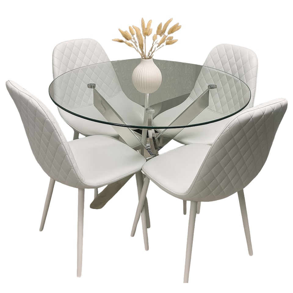image 1 of Round Glass Dining Table with 4 White Faux Leather Kitchen Chairs