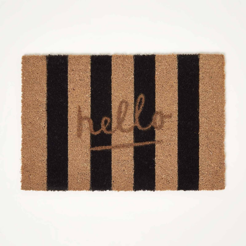 image 1 of Homescapes Stripe Hello Coir Doormat - 40 x 60 cm