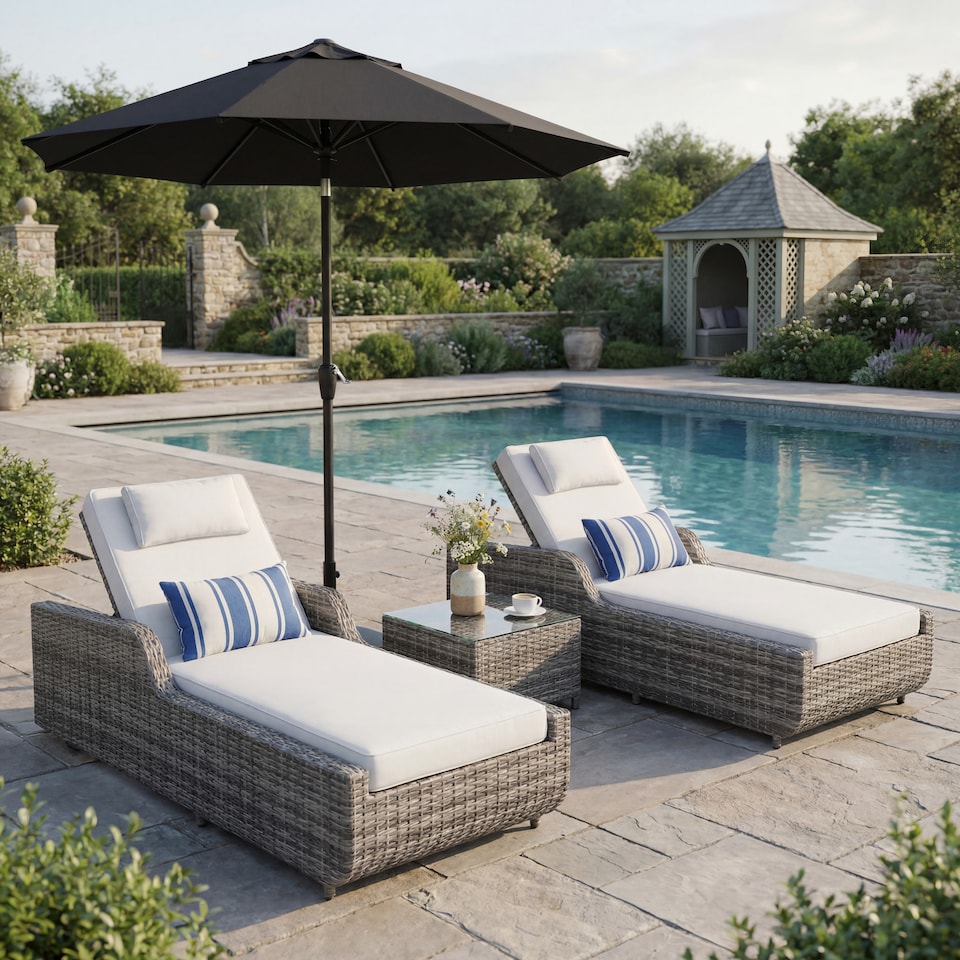 image 1 of Direct Wicker Adjustable Sun Lounge with Side Table – 5‑Position Recliner and Glass‑Top Side Table