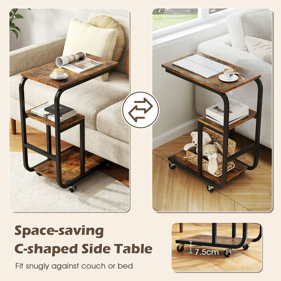 image 1 of COSTWAY Set of 2 C-shaped End Table Couch Table w/Shelves Brown