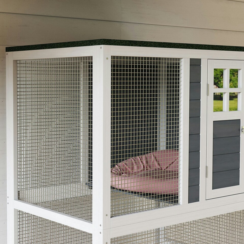 image 1 of PawHut Wooden Cat House with Asphalt Roof, Cat Cage for Multiple Cats White White | Dark grey