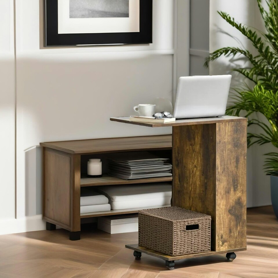 image 1 of Industrial Brown C Shaped Side Table With Storage & Wheels Brown
