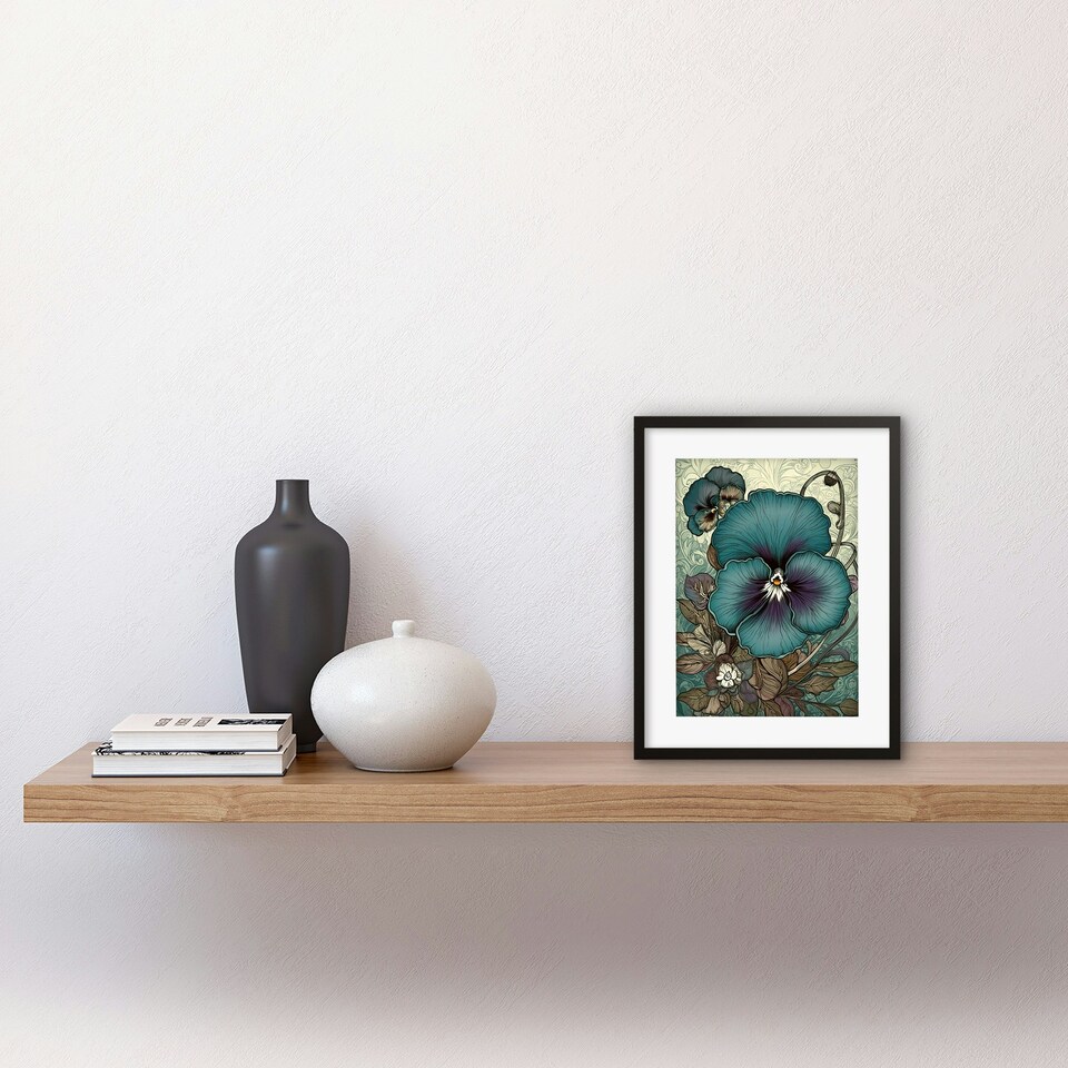 image 1 of Blue Purple Pansy Flower Floral Patterns 9x7" Black Framed Wall Art Print