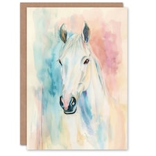 Pastel Watercolour White Horse Head Portrait Him Her Birthday Card