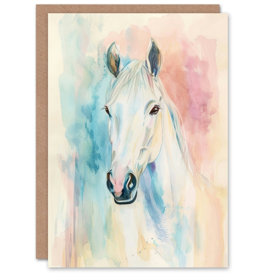 image 1 of Pastel Watercolour White Horse Head Portrait Him Her Birthday Card