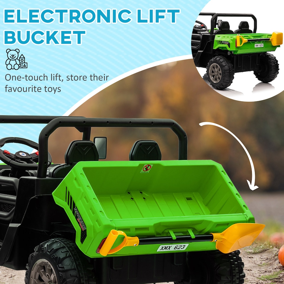 image 1 of HOMCOM Kids Ride on Car, Electric Car for Kids with Electric Bucket, 12V 2 Seater UTV with Shovel, Parental Remote, 4 Spring Suspension Wheels, Working Horn, Music - Green