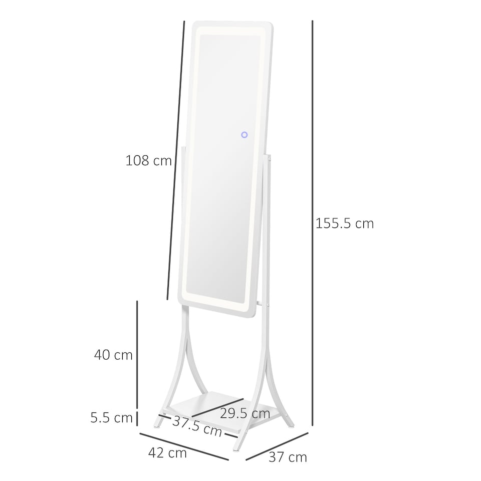 image 1 of HOMCOM LED Lighted Full Length Mirror, Floor Standing Mirror with Storage Shelf