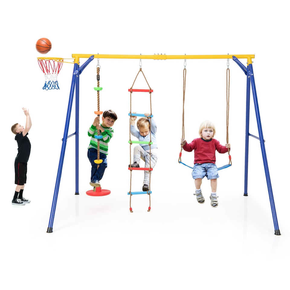 image 1 of COSTWAY 300 kg Heavy Duty Swing Set Backyard 4-in-1 Kids Swing Set Outdoor Playset