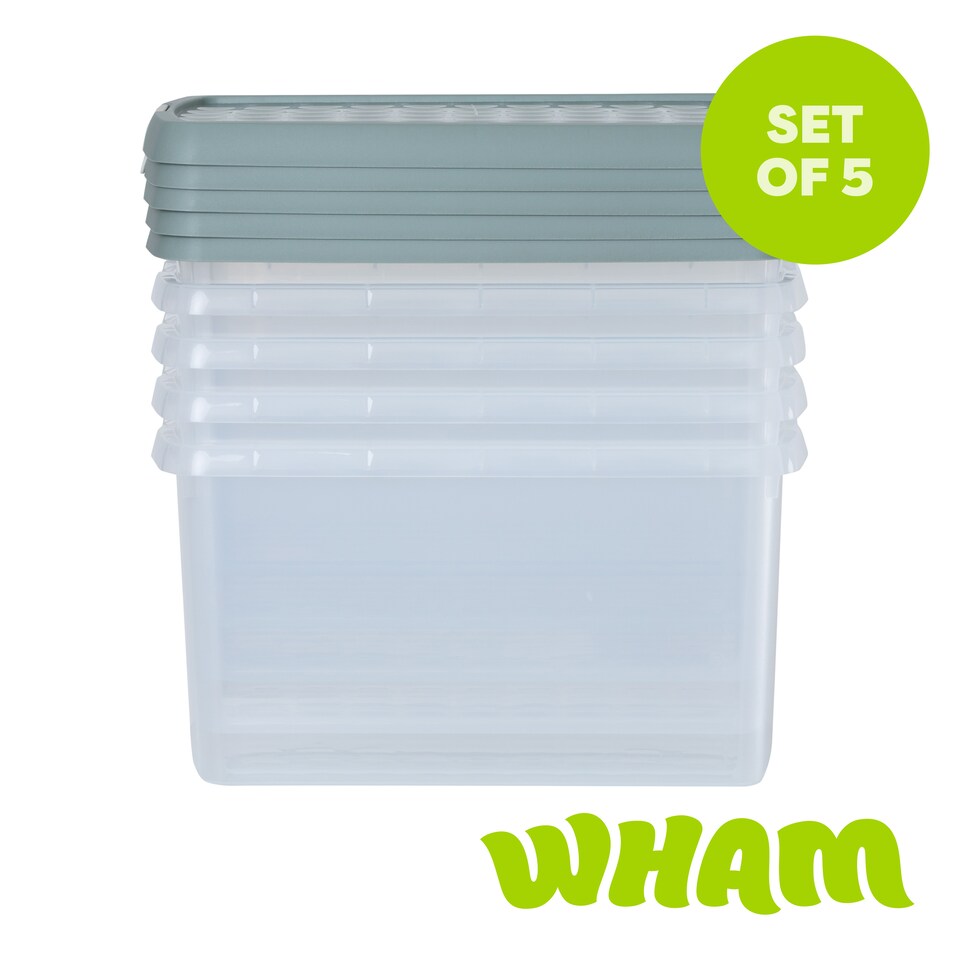 image 1 of Wham Clip 5x 14L Rectangular Plastic Storage Boxes with Clip Lock Lids. Ideal for Home, Office, Toys & More - Clear/Green Milieu | Green | Green Milleu | 5