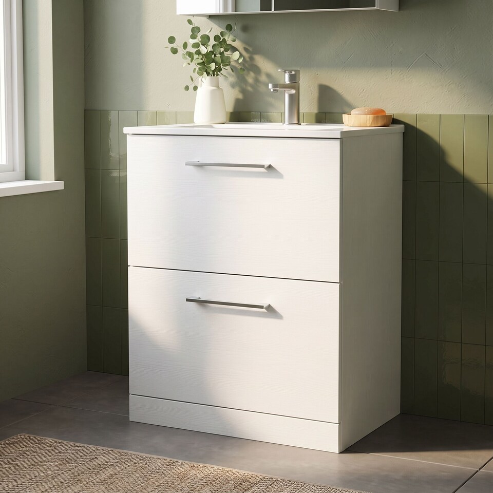 image 1 of Balterley Modern Bathroom 2 Soft Close Drawer & Minimalist Floor Standing Vanity Unit Basin | White | Gloss White | 818 x 600 x 390mm
