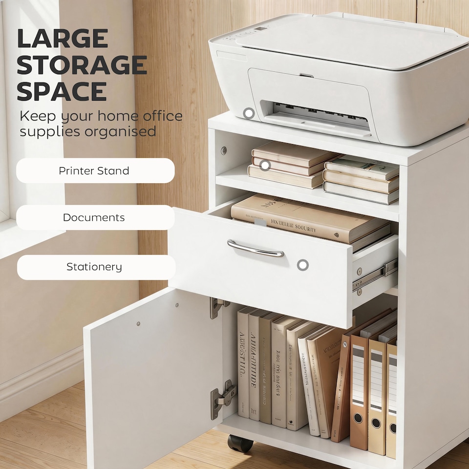 image 1 of HOMCOM 60cm Mobile Filing Cabinet for A4 with Drawers and Open Shelf, White