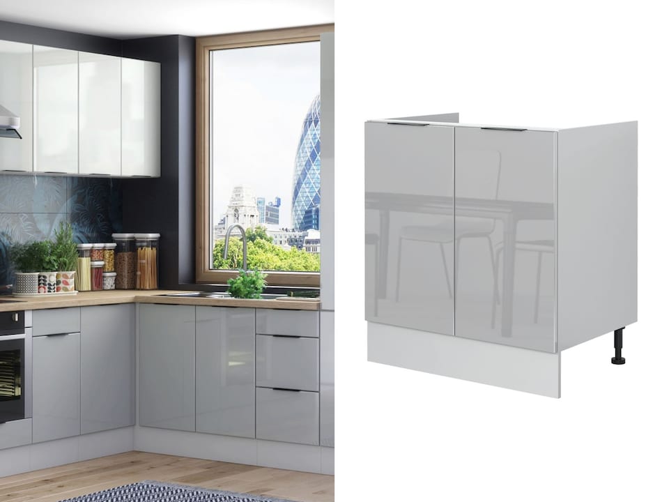 image 1 of Small Kitchen Sink Cabinet 800mm Under Sink Unit Modern Storage Grey High Gloss Star
