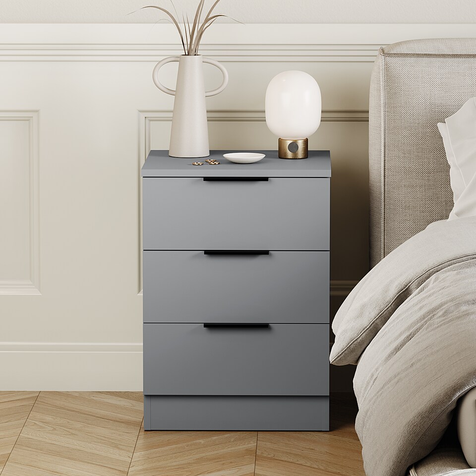 image 1 of Vida Designs Trega 3 Drawer Bedside Chest Bedroom Storage Unit, (H) 50cm x (W) 39cm x (D) 28cm, Grey, Set of 2