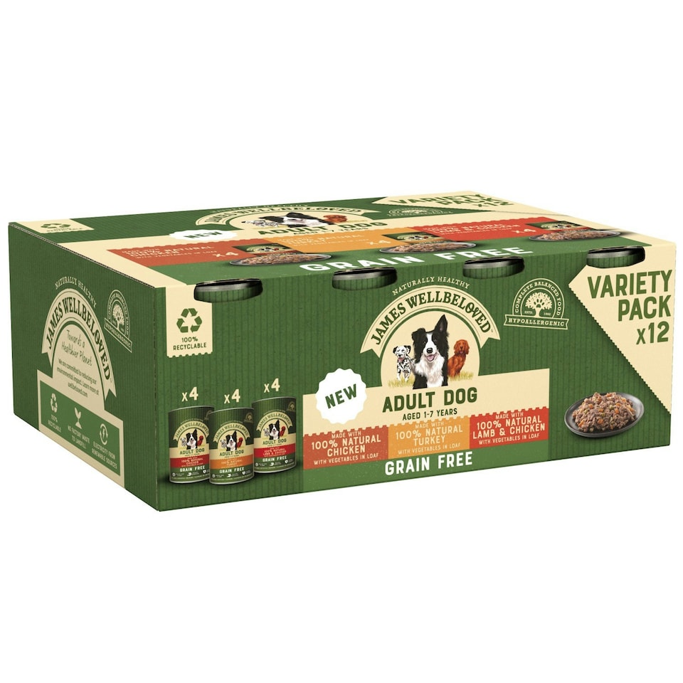 image 1 of James Wellbeloved Grain Free Adult Wet Dog Food Tins Turkey, Lamb & Chicken 12 x 400g