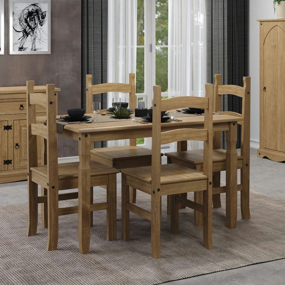 image 1 of Premium Corona Rectangular Dining Set with Table and 4 Chairs in Grey or Brown Waxed Pine - Solid Wood | Brown | Brown | 1