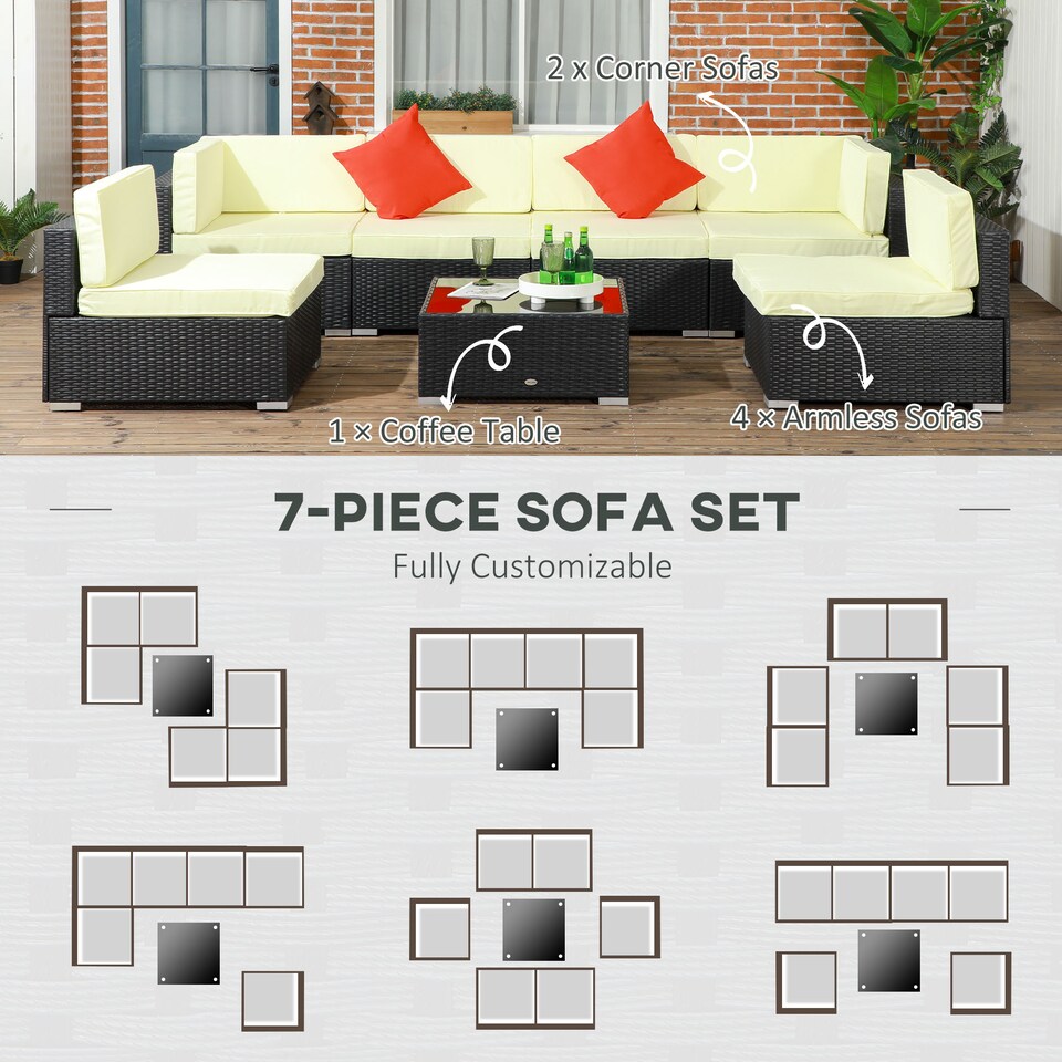 image 1 of Outsunny 7 Pieces PE Rattan Garden Furniture Set with Thick Padded Cushion, Patio Garden Corner Sofa Sets with Glass Coffee Table and Pillows, Buckle Structure, Black