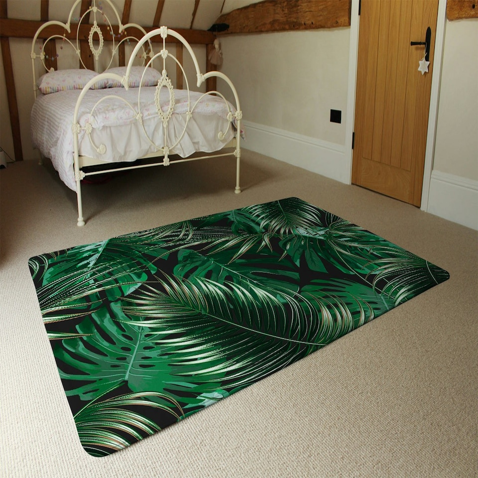 image 1 of Tropical Leaves on Black (Rug) Green | Small: 60x110cm